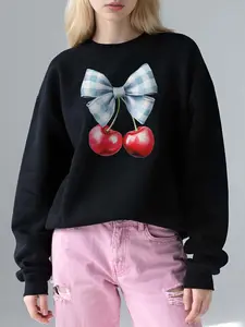 Blue Plaid Bow Cherry Plant Letter Print Casual Holiday Fleece Pullover Sweatshirt, Fall Winter New Thick Knit Round Neck Jumper