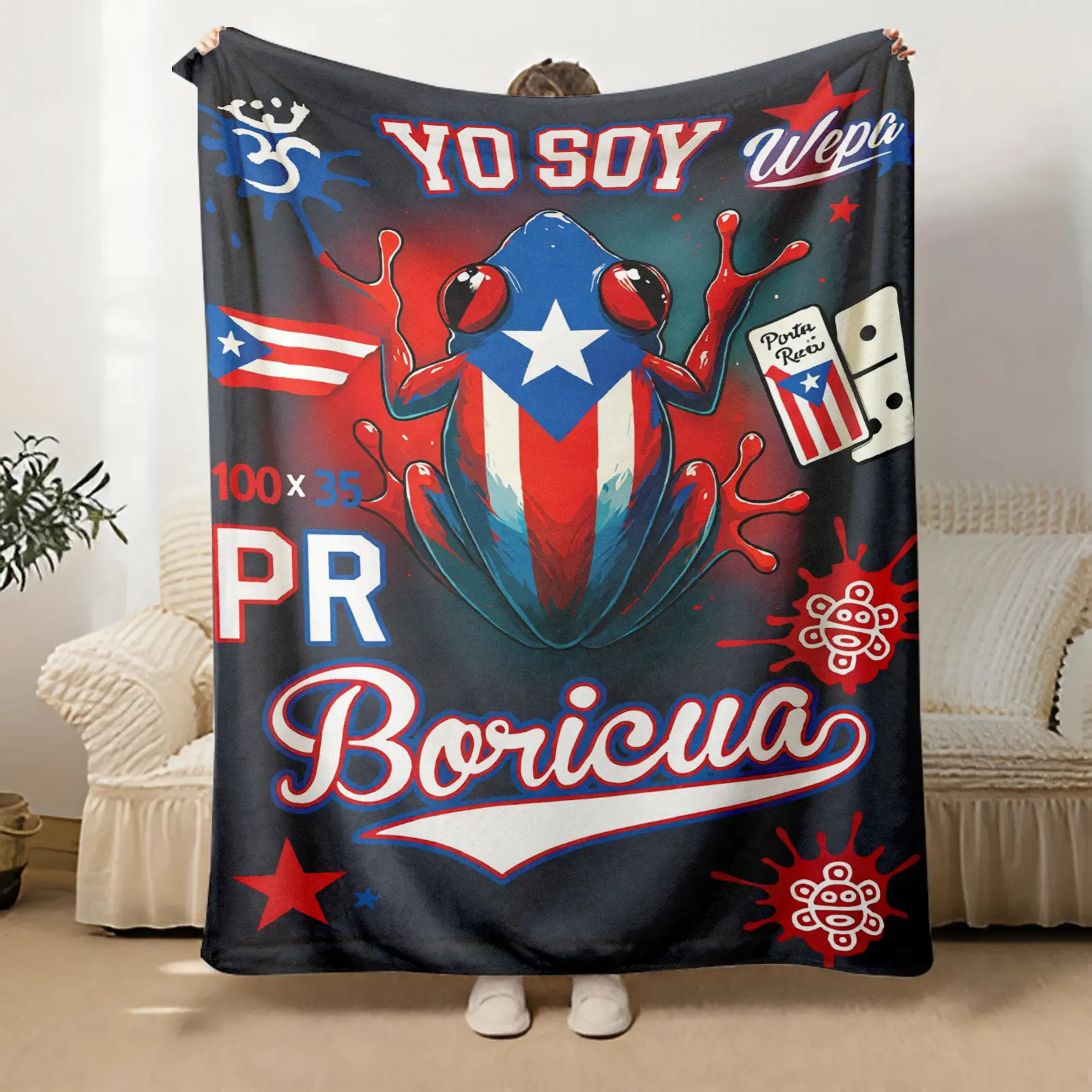 Premium Flannel Country Flag Blanket - Puerto Rico Flag Frog & Double Hexagon Geometric Design, Soft Warm All-Season Decorated Double-Sided Bedspread (Red, Yellow), Country Flag Blankets, Decorated Blankets