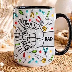 Personalized Fist Bump Dad Mug 2D Printed 3D Effect Coffee Cup, Custom Kids Names Gift for Father, Durable Ceramic Mug for Dad Grandpa, Father’s Day Birthday Appreciation Gift Idea from Son Daughter Family