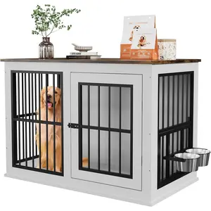 40'' Wooden Dog Crate Furniture, Heavy Duty Indestructible, Liftable Top Large Dog Crate Escape-Proof,Decorative Pet Crate House End Table TV Stand for Large Breed Medium Small High Anxiety Dog,White modern kennel  dog kennel Furniture