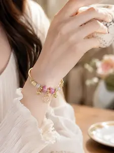 Elegant Adjustable Charm Bracelet for Women Gold Beaded Heart Pendant Jewelry with Crystal Emerald Charm Fashion Bangle for Party Wedding Daily Outfit Perfect Christmas Birthday Anniversary Gift for Wife Girlfriend Mom and Best Friend