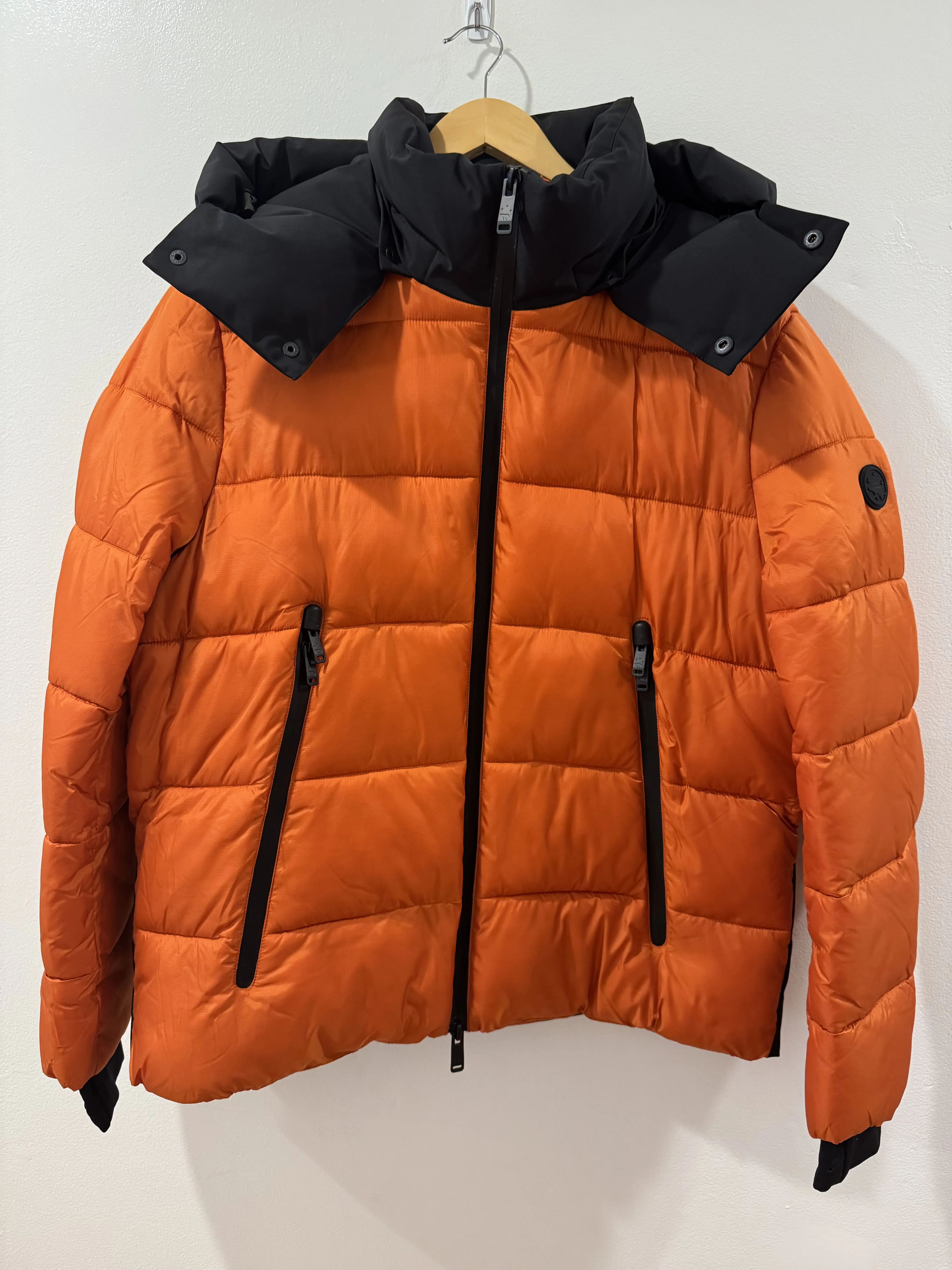 The Recycled Planet Colorblock Puffer Jacket Orange - Thick Warm Hooded Winter Coat for Men with Heavyweight Down Padding & Detachable Hood