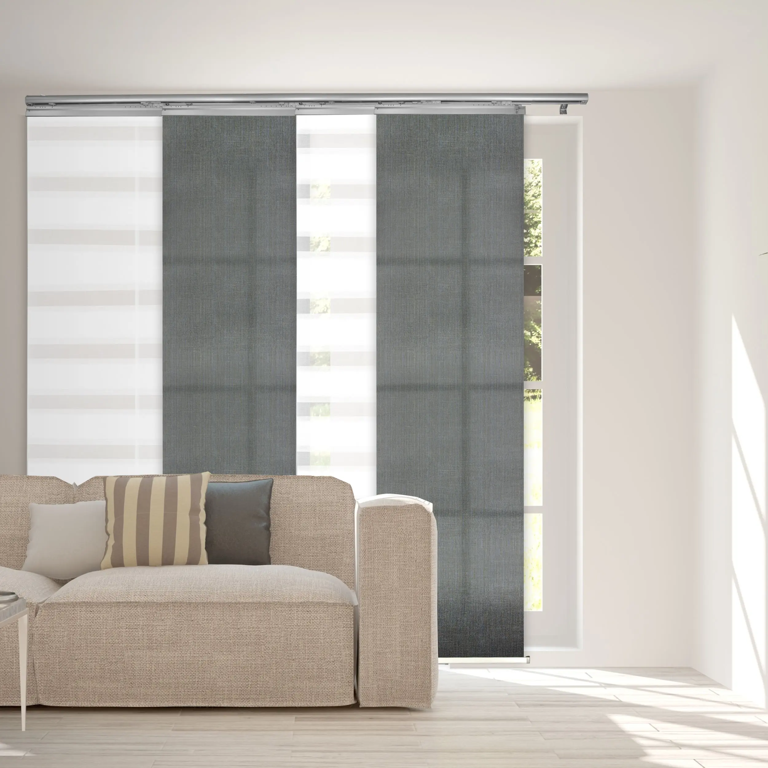4-Panel Single Rail Panel Track Blind Extendable 48"-88"W x 91.4"H, Panel width 23.5", Macadamia, Dove