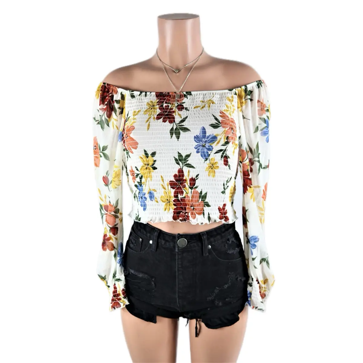 Semi Sheer Floral Top gypsy crop Womenswear Smock Crop Top Polyester Spandex