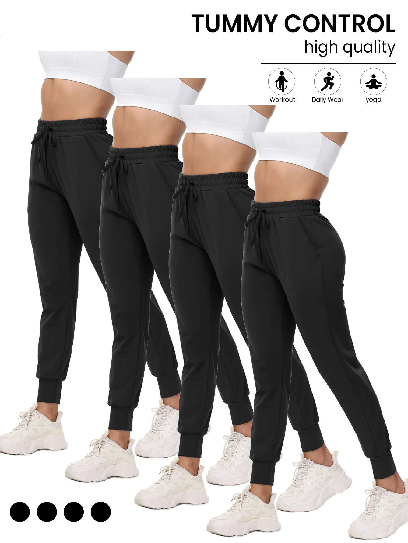 Women's 4 Pack Joggers, Lightweight Polyester Spandex Lounge Pants with Deep Pockets, Fitted Length for Workout & Leisure, Soft Joggers, Active Joggers