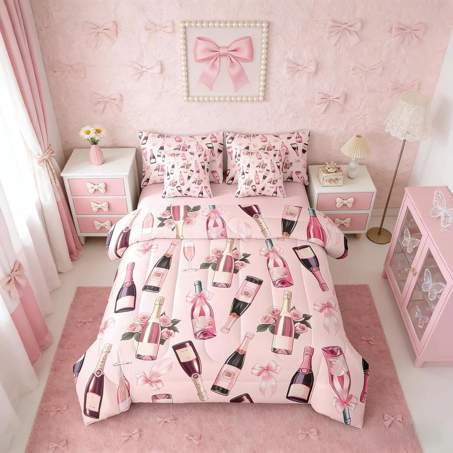 Bowknot Pink Black Floral Women 7 Piece Bedding Set | Bow Rose Comforter Set with Sheets Ribbon Wine Glass Bed in A Bag Coquette Bed Sets