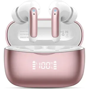 Wireless Earbuds, Bluetooth 5.3 Headphones Stereo Deep Bass with LED Display, 56H Playtime with Noise Cancelling Mic, IPX7 Waterproof in Ear Earbuds, for laptops/tablets/mobile phones/sports, Rose