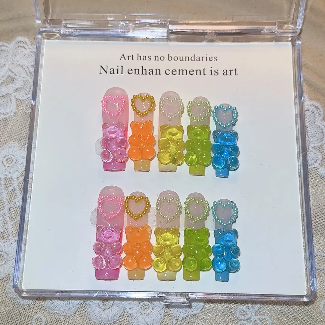 Handmade Colorful Gummy Bear Press on Nails - Cute 3D Gradient Jelly Resin Bear Fake Nails - Luxury Heart Detail Reusable Glue on Nails - Full Cover Manicure Kit for Women and Girls