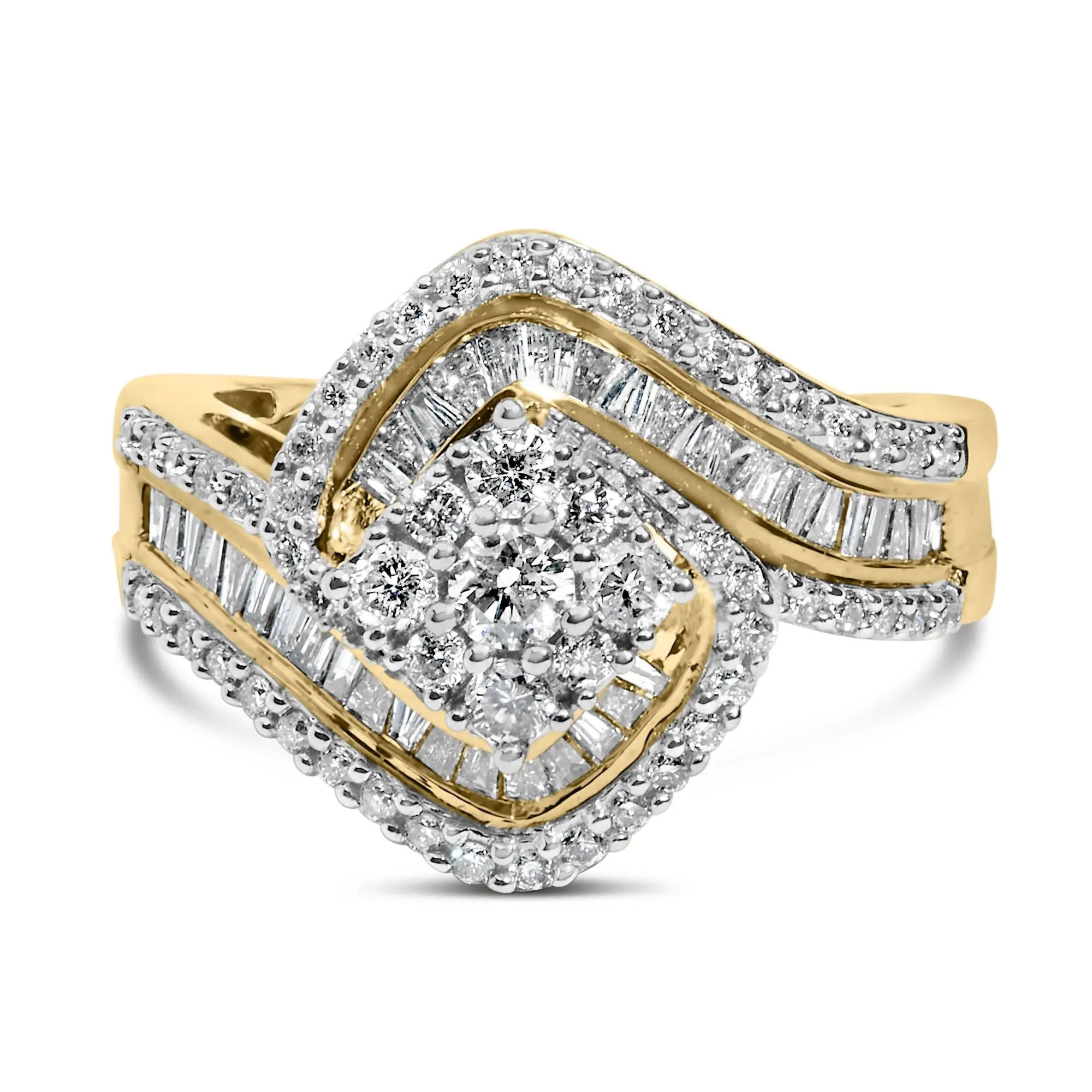 14K Yellow Gold 1.0 Cttw Baguette & Brilliant-Cut Diamond Round Floral Cluster Engagement or Fashion Ring with Swirl Wrapped Triple Row Band (H-I Color, SI2-I1 Clarity)