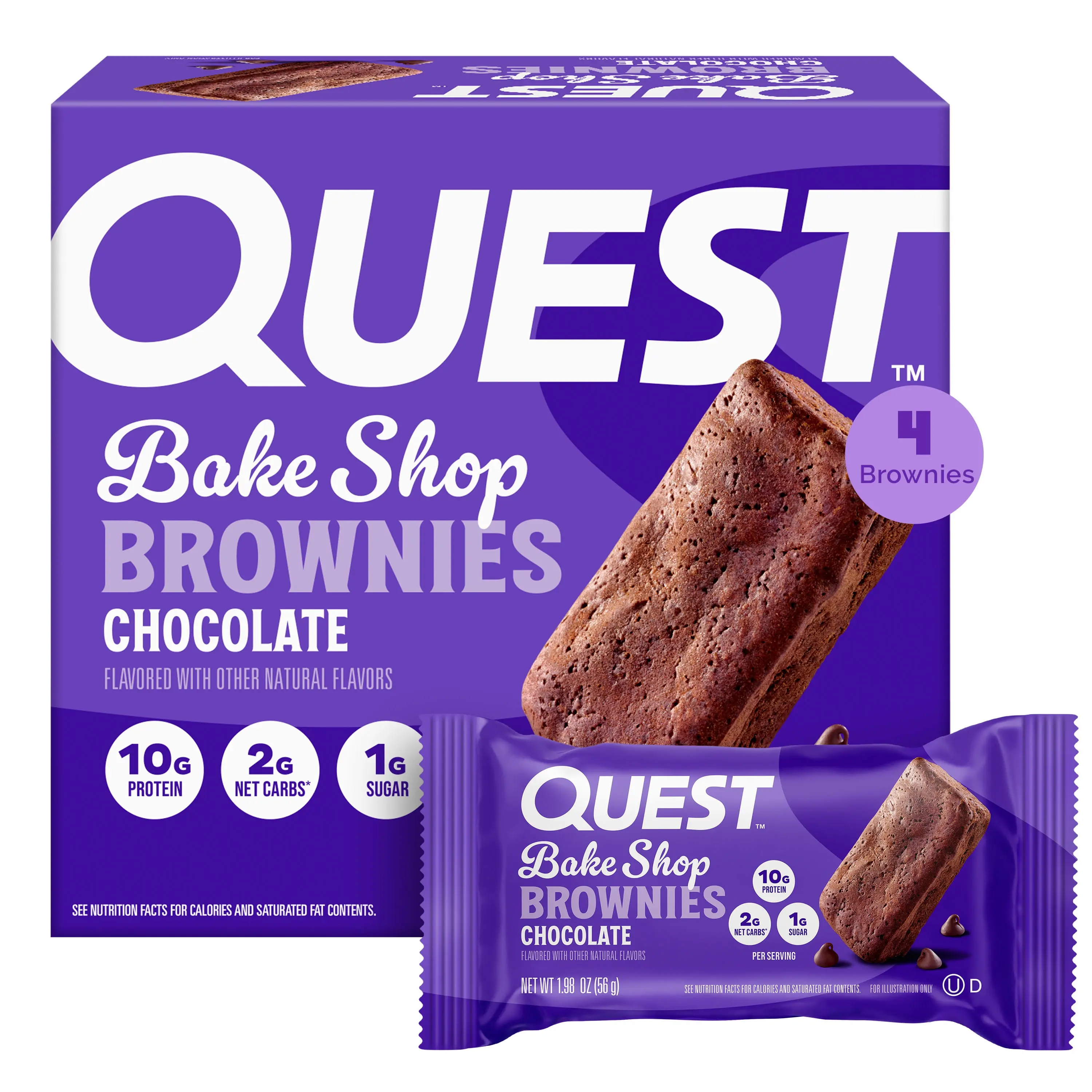 Quest Nutrition Bake Shop, Chocolate Brownies, 10g Protein, 2g Net Carbs, 1g Sugar, 4 Count