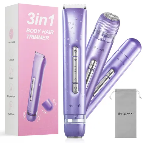 Women's 3-in-1 Electric Bikini Trimmer & Facial Hair Groomer Kit, Portable Rechargeable Trimmer Kit with Massage Wand, IPX7 Waterproof Wet-Dry Shaver, Ergonomic Design, Superior Control, Gifts for Female Adults