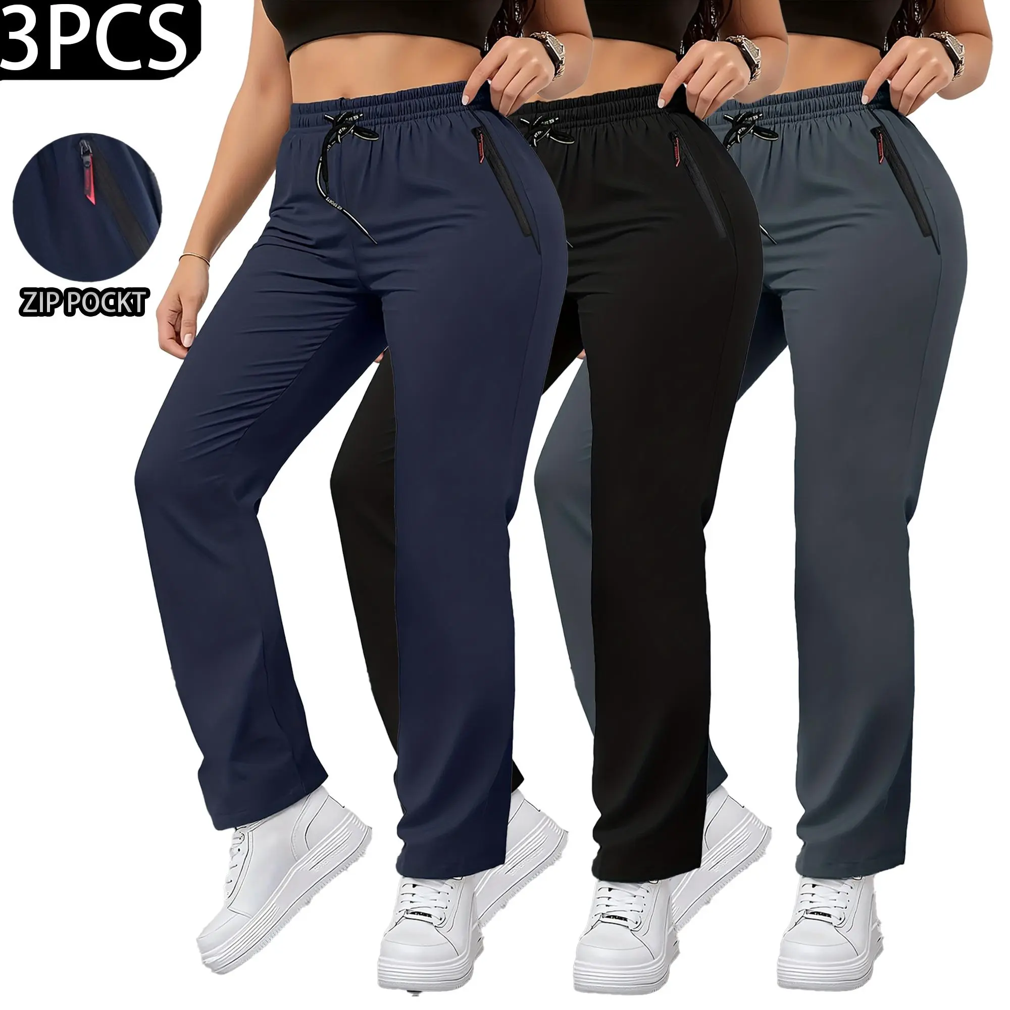 3-pack women’s fashion casual straight-leg pants with drawstring elastic waistband and zippered pockets; suitable for home and everyday wear—comfortable, stylish, trendy casual long pants. Cargo Scrub,Summervibes