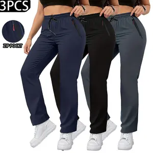 3-pack women’s fashion casual straight-leg pants with drawstring elastic waistband and zippered pockets; suitable for home and everyday wear—comfortable, stylish, trendy casual long pants. Cargo Scrub