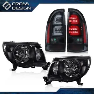 CROSSDESIGN Fit For 05-11 Toyota Tacoma Black Headlights & 3D LED Tube Bar Tail Lights Lamp