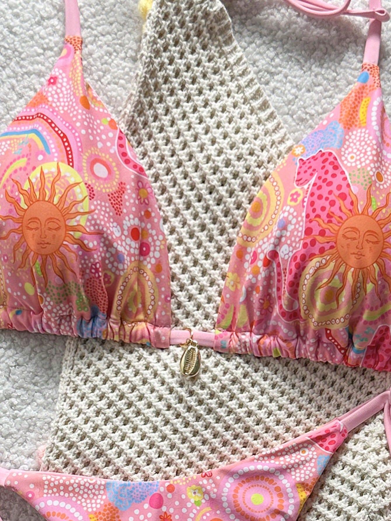Bikini Set Halter Tie Triangle All-Over Print Beach Vacation Summer