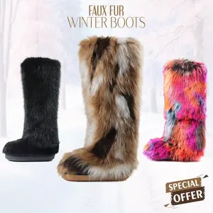 CELNEPHO Womens Faux Fur Knee High Boots Round Toe Flat Heel Snow Booties Easy Pull on Warm Comfy Plush Anti-Slip Indoor Outdoor Winter Dress Shoes SetpUp Styles