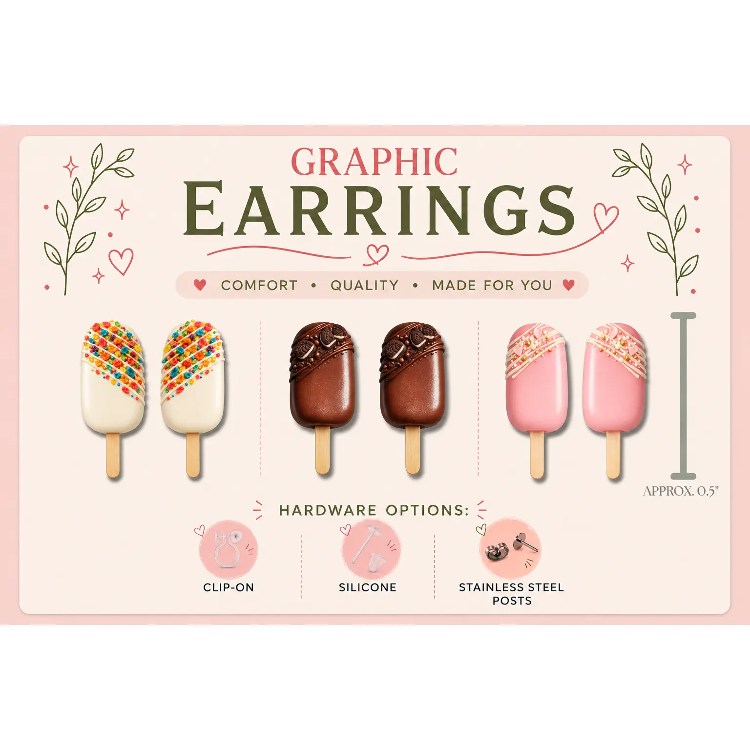 Cakesicle Collection Cake Pop Graphic Stud Earrings | Dessert Earrings | Bakery Lover Gift | Sweet Treat Jewelry | Stainless Steel, Silicone or Clip-On