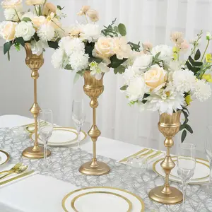 Set of 3 Trumpet Flower Vase Centerpieces 13", 16", 19" Metallic Gold - Vintage Style Flute Table Decorative Stands