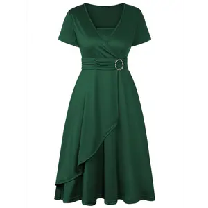 2025 beach outfits Elegant Green V-Neck Short Sleeve Midi Dress with Asymmetrical Hem - Polyester & Spandex Blend, Machine Washable, Perfect for Parties & Evening Events Collar Fabric