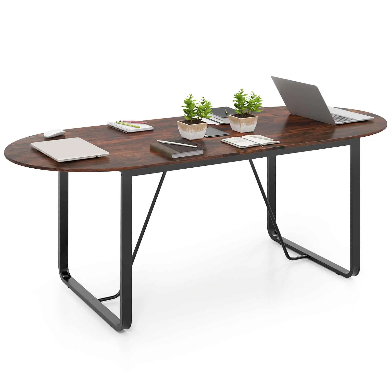 COSTWAY - 71 Inches Executive Table Oval Home Office Table with Cable Management Hole-Rustic Brown