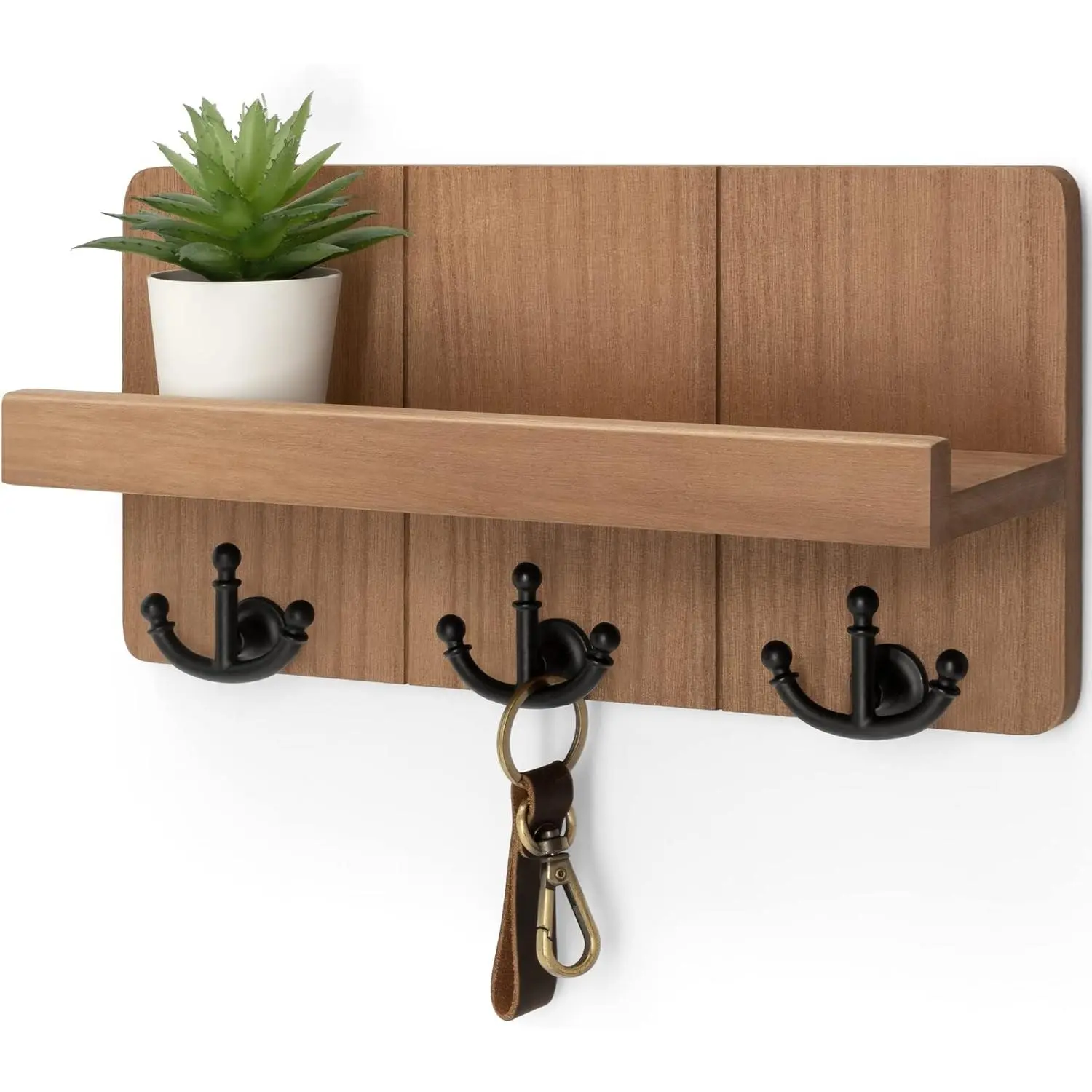 Retro Brown Wood Wall-Mount Key Holder with Floating Shelf - Synthetic Wood Decorative Mail/Keys Organizer, 3 Anchor Hooks, Wall Mount Design, Rustic Entryway Decoration