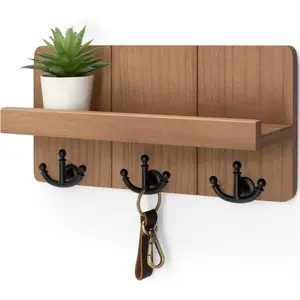 Farmhouse Key Holder for Wall with Shelf: Decorative Mail Organizer and Key Rack Wall Mount with 3 Anchor Hooks - Rustic Entryway Decor (Retro Brown)