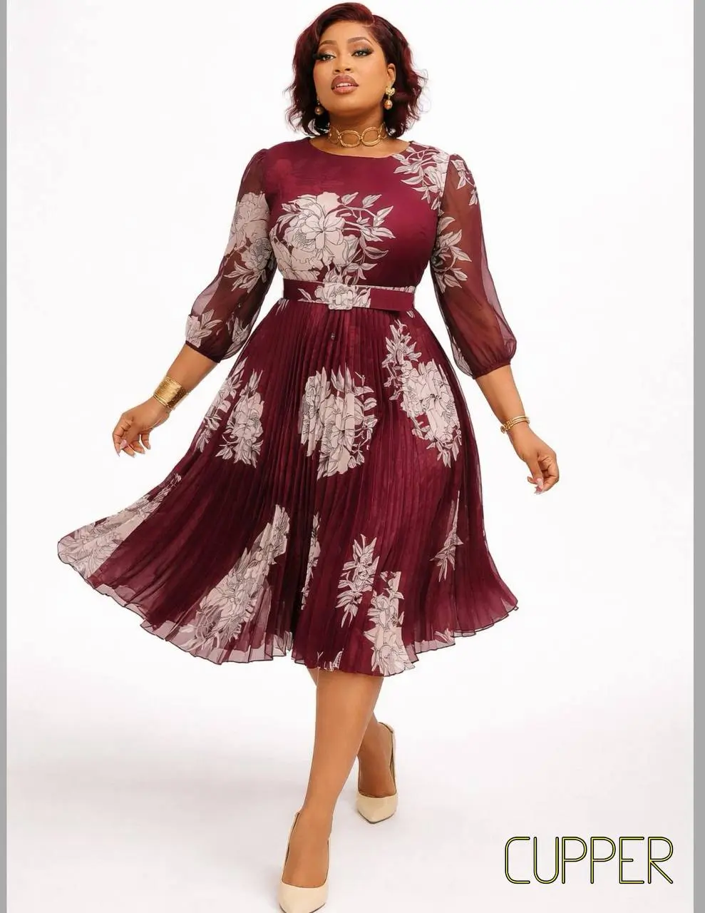 Burgundy Floral Pleated Midi Dress with Belt | Godshand Fashion Empire - TikTok Shop Burgundy Floral Pleated Midi Dress with Belt | Godshand Fashion Empire - TikTok Shop