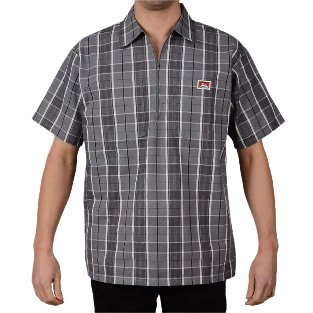 Ben Davis Men's Plaid Shirts, Casual Half-Zip Short Sleeve Top in Grey & Black Plaid, Cotton Blend with a Collared Neck & 2 Pockets, Tops, Shortsleeve
