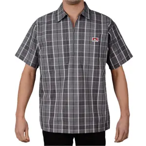 Ben Davis Men's Checked Shortsleeve Collared Half-Zip Medium-Length Shirt - 2 Chest Pockets, Zipper Closure, Breathable Cotton-Polyester Fabric, Casual Regular Fit Menswear Top