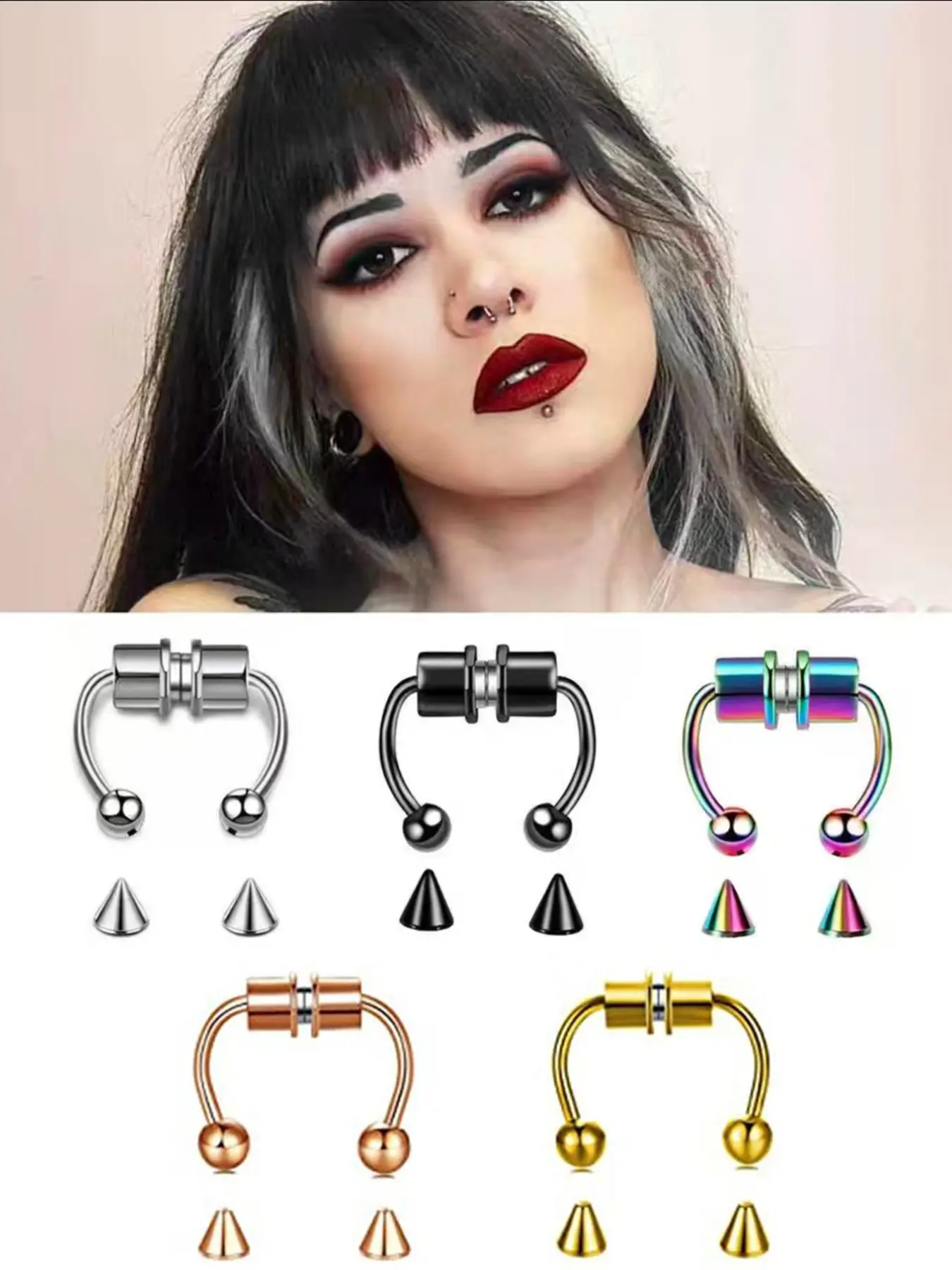 5Pcs Magnetic Nose Rings Set Non-Piercing & Pain-Free Strong Magnetic Stainless Steel Multi-Color & Multi-Style For Women Men Daily Wear Body Art Gift Body Jewellery