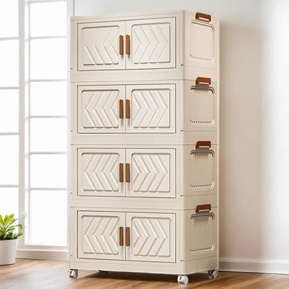 4 Tier Stackable Storage Bins with Lids Doors Wheels Storage Drawer (White) Household Kitchen Adjustable Compartment Organiser Container