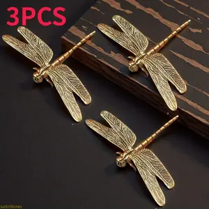 3-Pack Golden Brass Dragonfly Metal Decor Ornaments, Retro Vintage Exquisite Wing & Body Craft Figurines, Holiday Home Wall Decor for Christmas Festive Display & Interior Styling