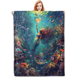 Underwater Mermaid Blanket Gifts for Women, Ocean Mermaid Flannel Blanket, Soft Warm Lightweight Throw Blankets Mermaid Decor 50" x 60"