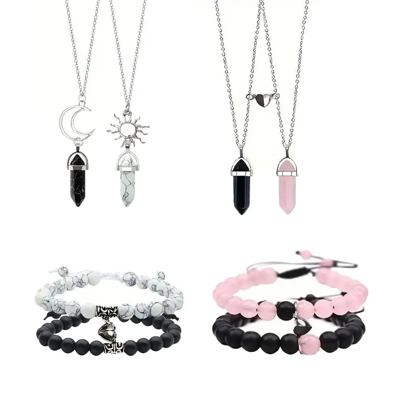 Natural Crystal Jewelry Set, 8-Piece Sun and Moon Hexagonal Point Necklaces & Bracelets, Harmony Symbol Gift for Couples and BFFs, Duality, Quartz