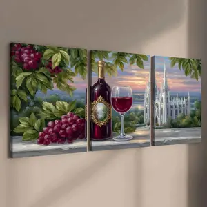 3 Counts Wooden Framed Canvas, Elegant Wine And Castle View Images, Exquisite Poster, Perfect Living Room Decoration, Modern Art, Fashion Family Poster, Wall Art Decoration, Odorless, Artwork