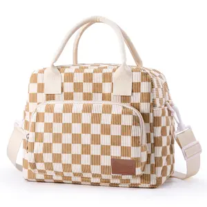 Portable Insulated Lunch Bag Strawberry Plaid Pattern Reusable Leakproof Cooler Tote Adjustable Shoulder Strap for Office Picnic Hiking Beach Women Men