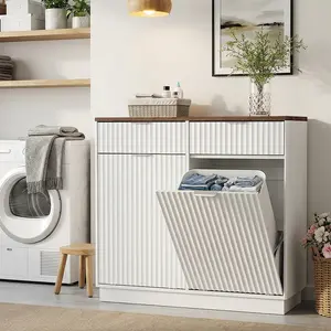 Oakault Tilt Out Trash Can Cabinet, Hidden Trash Bin with Storage Drawers,  Laundry Hamper Cabinet with Wave-Textured Drawer(White)