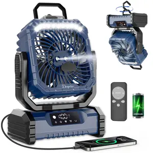 20000mAh Rechargeable Camping Fan with LED Light, Portable Multi-Function Fan with Spray Humidification, Shaking Head Emergency Camping Fan, Wireless Rotation, Battery Powered, Lightweight and Portable-Blue