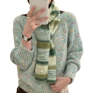 New Autumn Winter Rainbow Stripe Wool Blend Scarf Women's Niche Slender Knitted Contrasting Color Gradual Change Versatile Trendy Artistic Gradient Stripes Premium Wool Blend