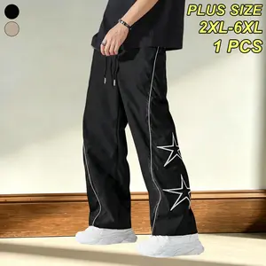 Plus Size (2XL–6XL): Men’s wide-leg casual pants with star print on the sides; extra-wide straight athletic pants with a relaxed fit, breathable fabric, elastic waistband, and long length—ideal for trendy outfits, outdoor activities, and home leisure. Ava