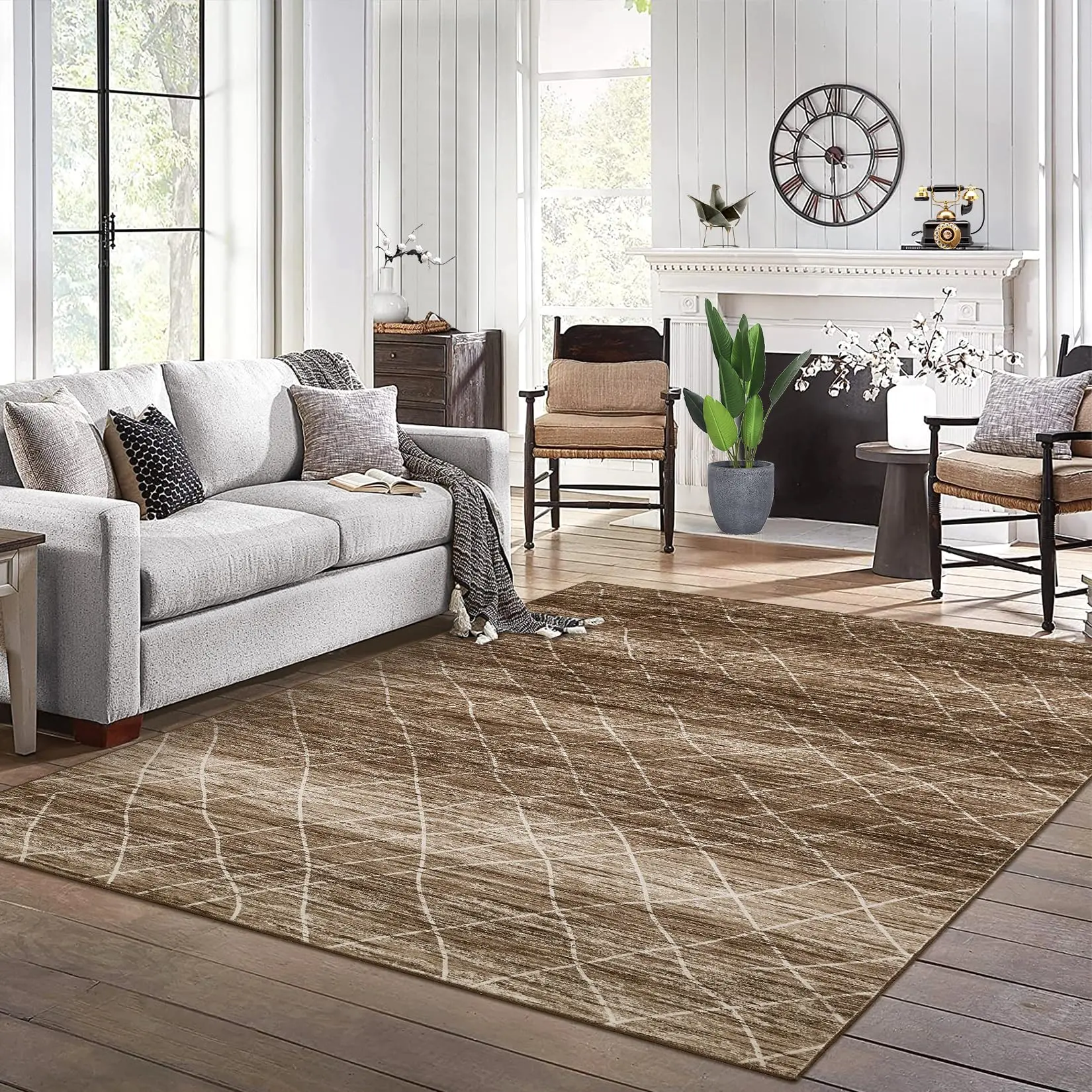 GARVEE 8x10 Super Soft Ultra-Thin Large Washable Area Rug with Anti-Slip Backing, Foldable and Machine Washable, Perfect for Living Room, Brown Color