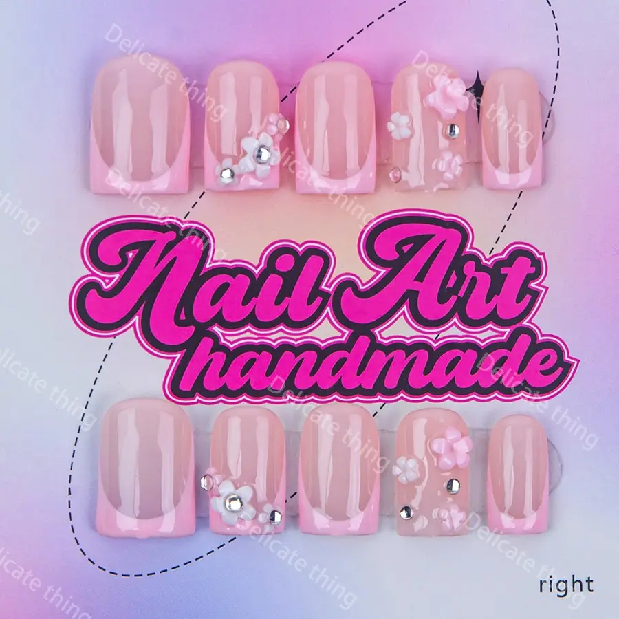 Delicatething Y2K Style Duckbill Square Nail Tips, Handmade Press On Wearable Fake Nails, 4 Sizes XS S M L, French Design, Perfect Gift for Girls, Elegant Bling Rhinestone Embellished