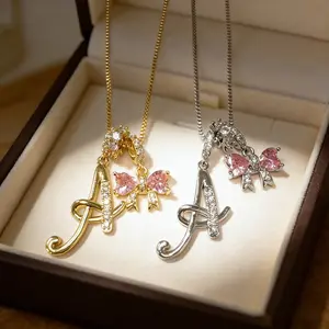 Fresh Bowknot Letter Diamond Necklace DDXL0071, Niche Style 26 English Pendant Snake Chain Accessory