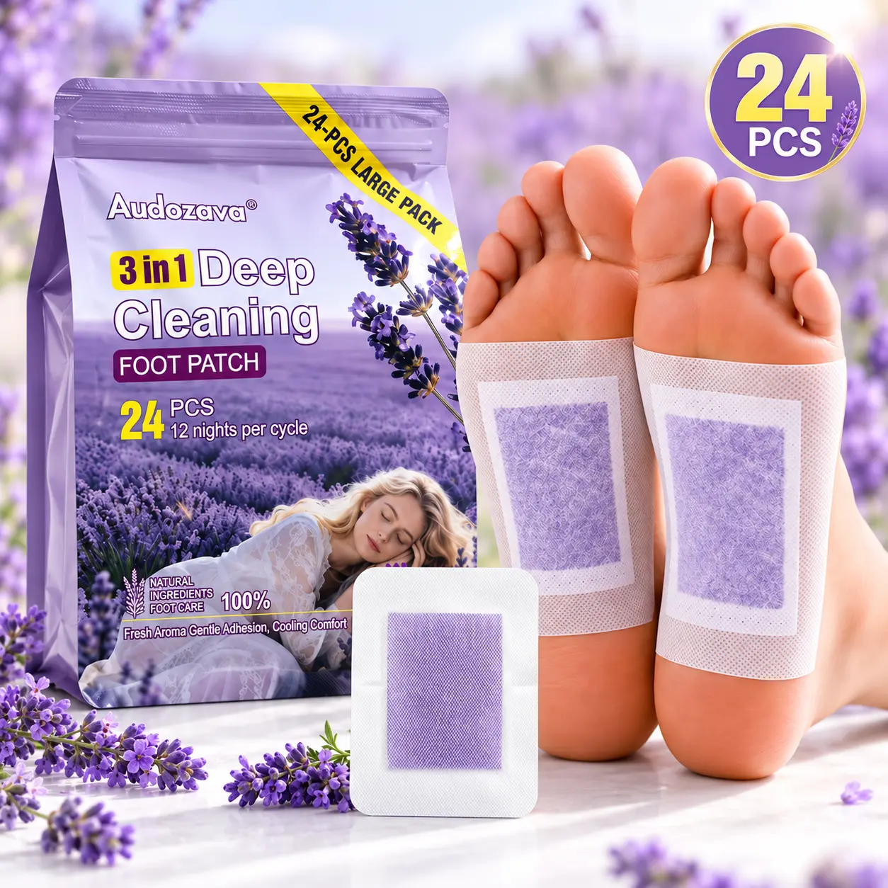 24PCS Lavender & Ginger Herbal Foot Patches, Soothing Overnight Night Care Pads for Women & Men, Gentle At-Home Self Care Accessories