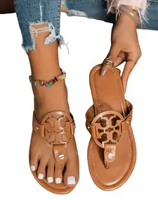 Summer New Hollow Out Metal Buckle Sandals, Flat Anti-Slip Slip-On Shoes, Casual Open Toe Slippers, Fabric Upper, Rubber Sole