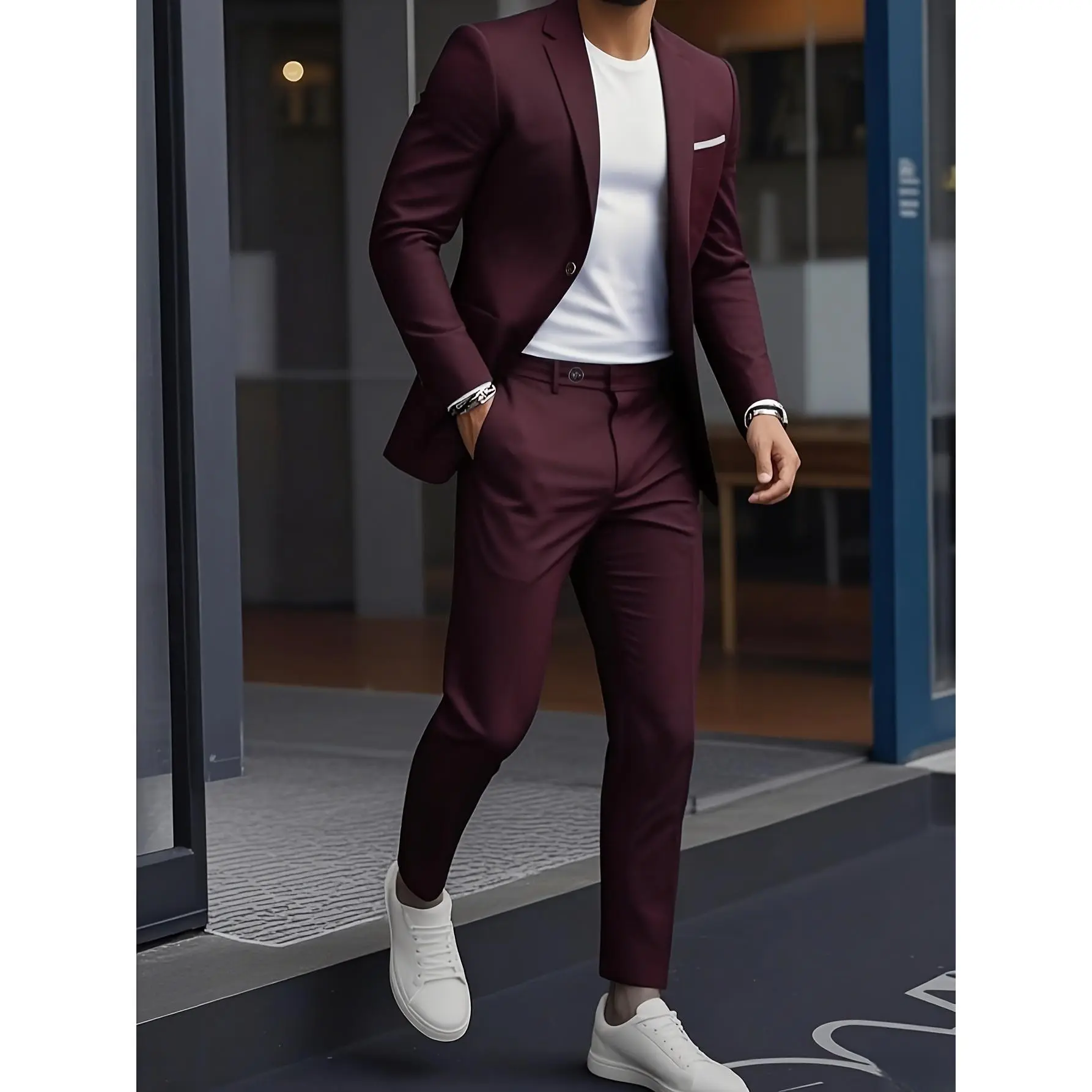 Men's Solid Slim Fit 2-Piece Suit Set - Button Closure, Formal Long Sleeve, Includes Pocketsquare, Premium Fabric for Weddings, Parties