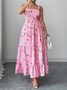 Plus Size Women's Plaid Cherry Print Dress, Square Neck Ruched Chest Layered Hem, Sleeveless Sweet Style Summer Vacation Dress, Casual Four-Season