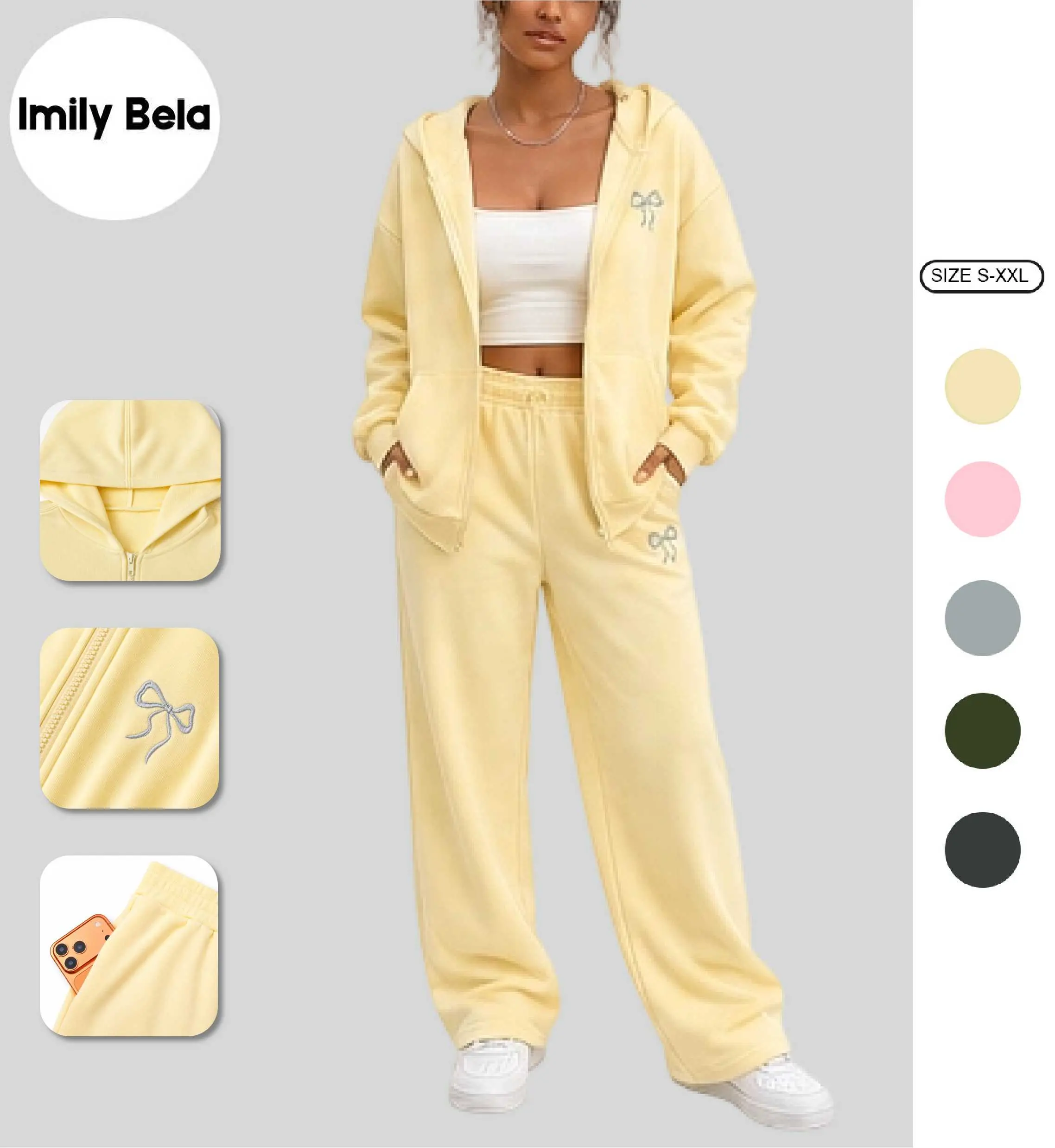 Imily Bela Womens 2 Piece Sweatsuit Set Bow Embroidered Zip Up Hoodie & Wide Leg Sweatpants Oversized Fleece Lounge Set Casual Fall Outfits