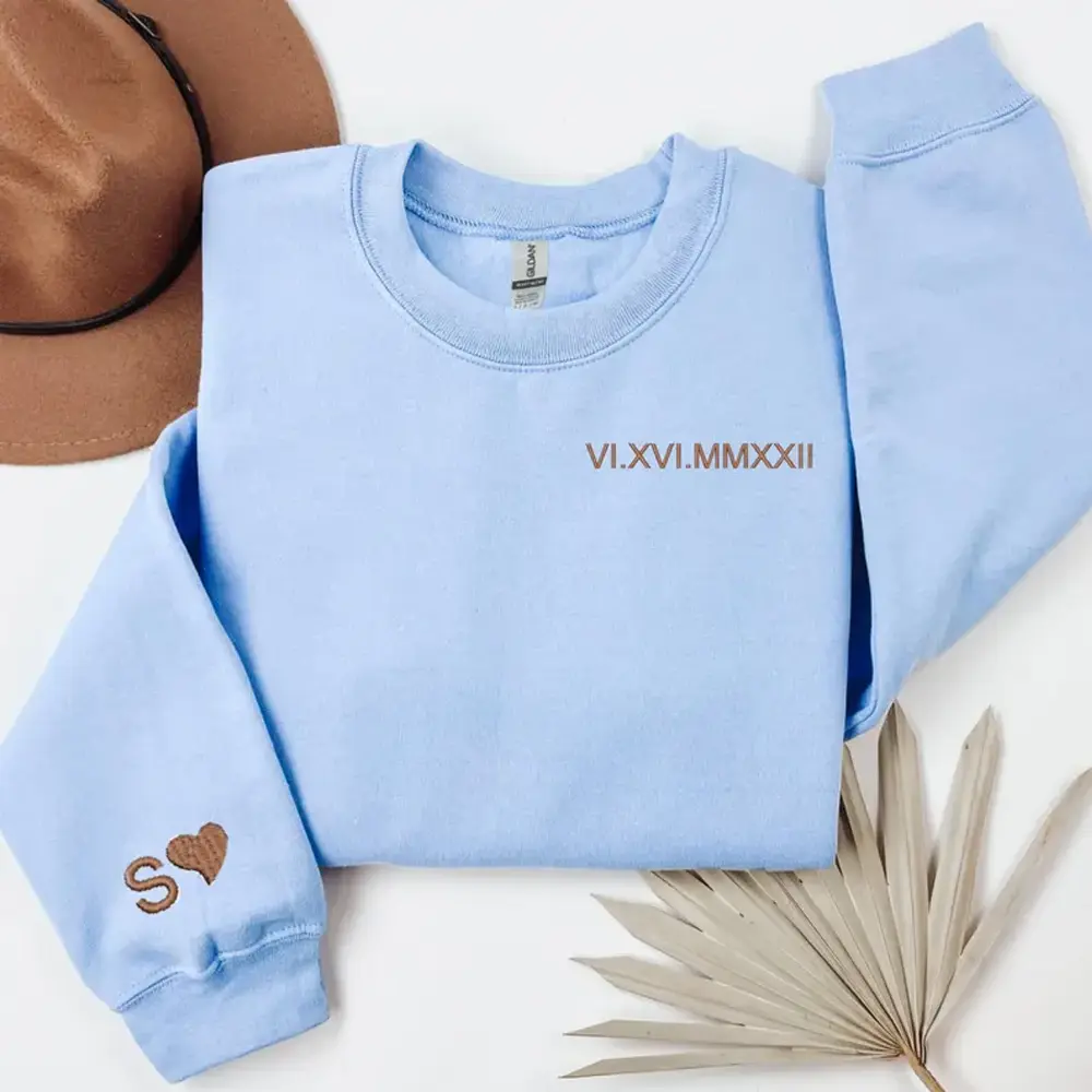 Custom Embroidered Roman Numerals Sweatshirts, Matching Couple Date Sweatshirt, Initial on Sleeve, His and Her Sweatshirts, Valentine's Day Gift
