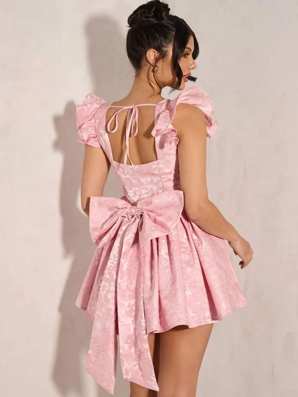 Pink Jacquard Square Neck With Bow Back Mini Dress, Pastel Dresses For Women